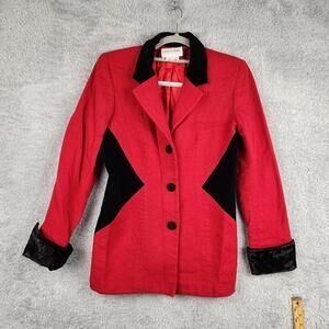 Urban Wool Blazer Womens 10 Red Black Tuxedo Merino Wool Velvet Trim Jacket 80s